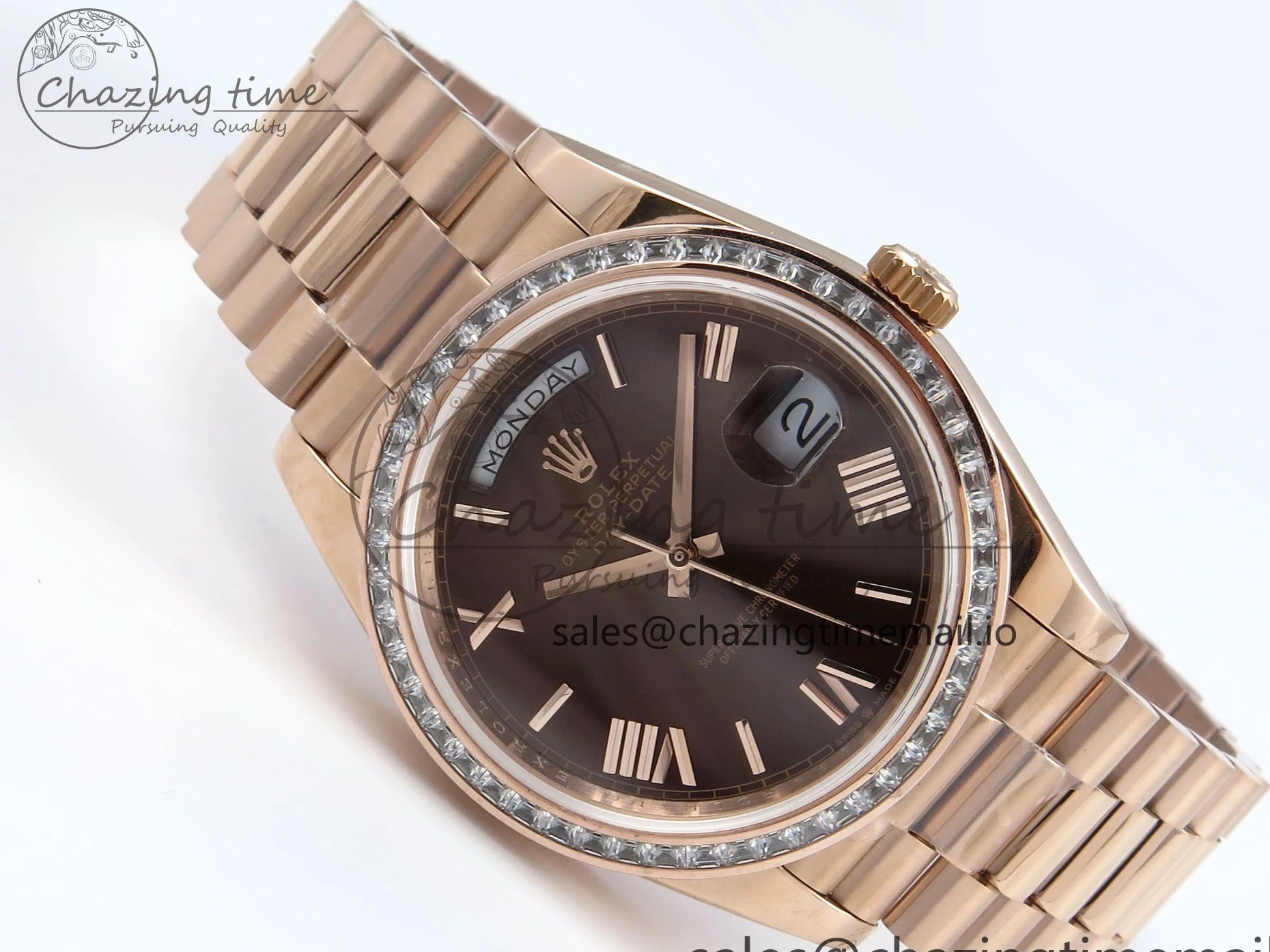 MiroTime 0521 Lightweight DayDate 40 RG QF 1:1 Best Edition Brown Roman Dial Diamonds Bezel on President Bracelet A2836 V5 (Gain Weight) 475